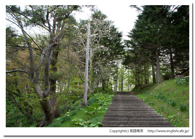 春の玉川神社の階段の終わり付近（北海道久遠郡せたな町）