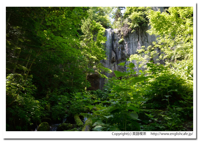 山彦の滝、少し離れたところから、沢と滝の景色（北海道遠軽町）